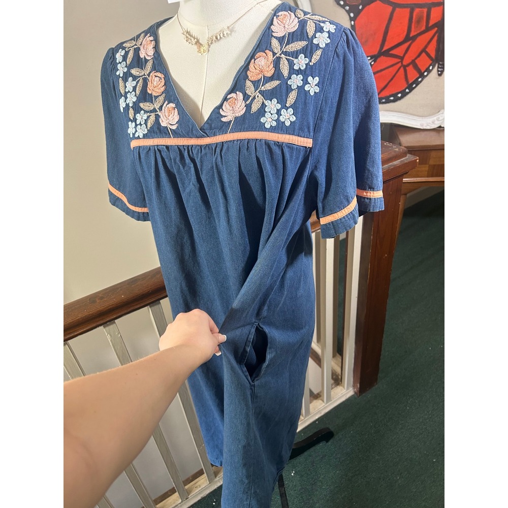 Vintage 90s Denim Floral Dress | Go Softly Patio Cotton Midi Dress | Size Medium